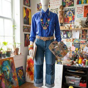 Vintage Shapely Blue Polka Dot Secretary Blouse Bow Tie Neck Size 8 80s